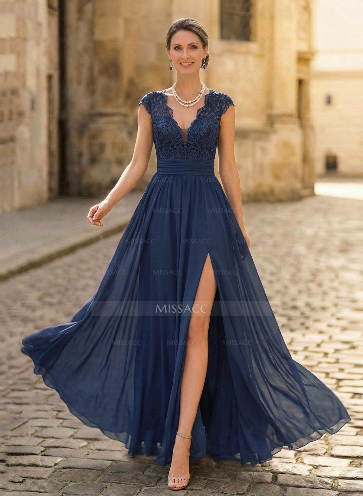 A-Line V-Neck Floor-Length Chiffon/Lace Mother Of The Bride Dresses With Lace/High Split