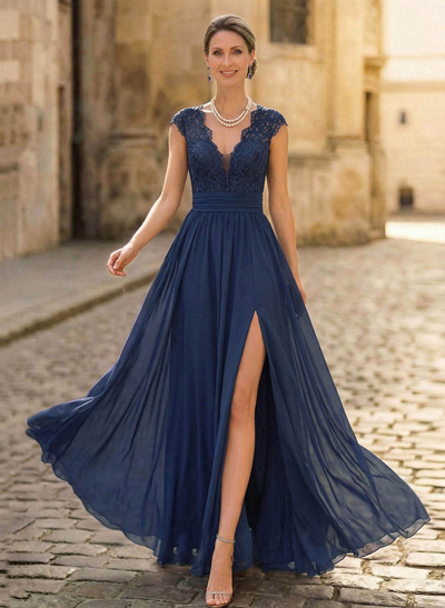 A-Line V-Neck Floor-Length Chiffon/Lace Mother Of The Bride Dresses With Lace/High Split
