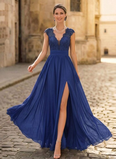 A-Line V-Neck Floor-Length Chiffon/Lace Mother Of The Bride Dresses With Lace/High Split