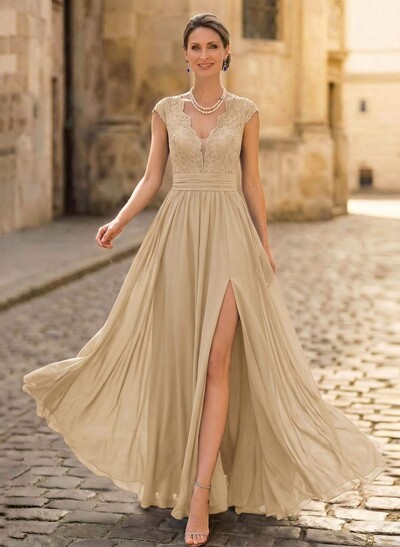 A-Line V-Neck Floor-Length Chiffon/Lace Mother Of The Bride Dresses With Lace/High Split
