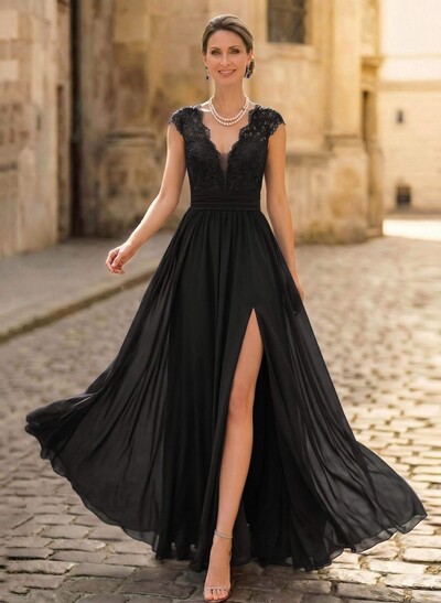 A-Line V-Neck Floor-Length Chiffon/Lace Mother Of The Bride Dresses With Lace/High Split