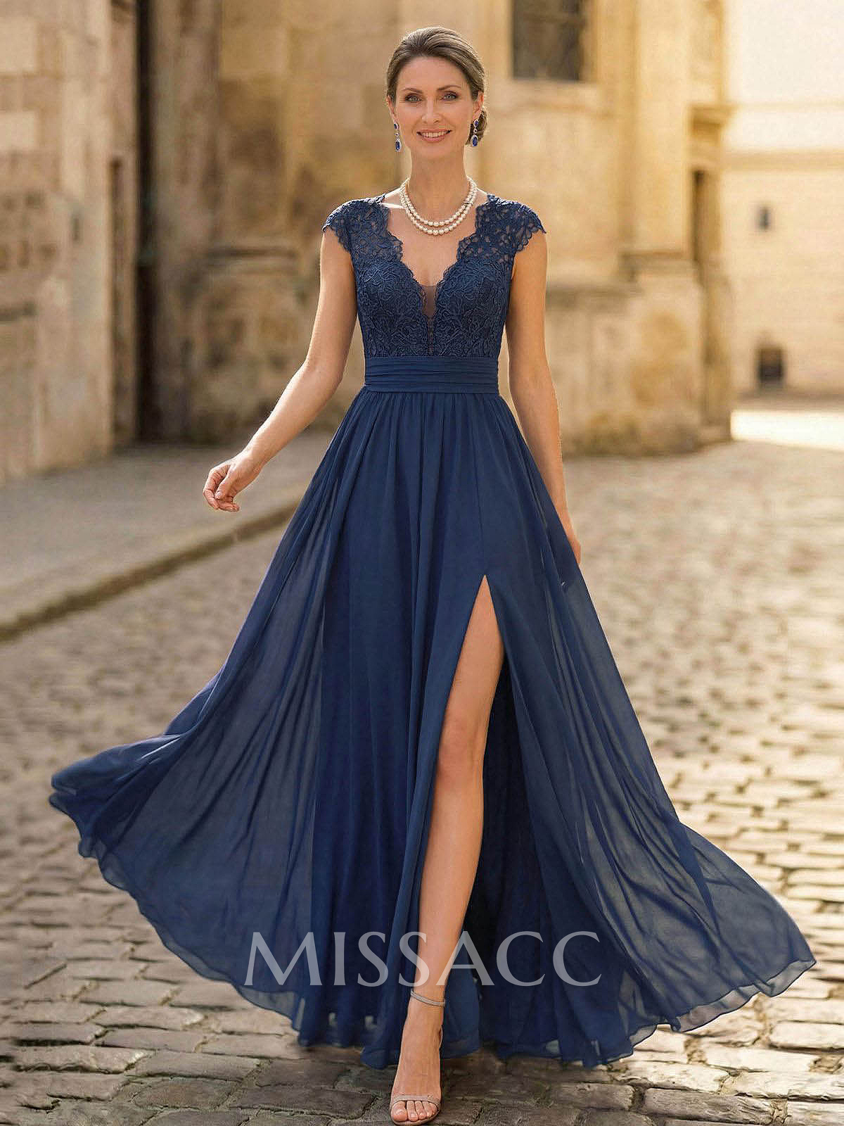 A-Line V-Neck Floor-Length Chiffon/Lace Mother Of The Bride Dresses With Lace/High Split