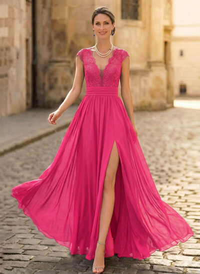 A-Line V-Neck Floor-Length Chiffon/Lace Mother Of The Bride Dresses With Lace/High Split