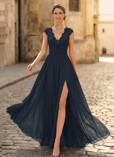 A-Line V-Neck Floor-Length Chiffon/Lace Mother Of The Bride Dresses With Lace/High Split