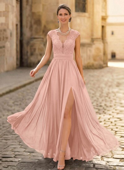A-Line V-Neck Floor-Length Chiffon/Lace Mother Of The Bride Dresses With Lace/High Split