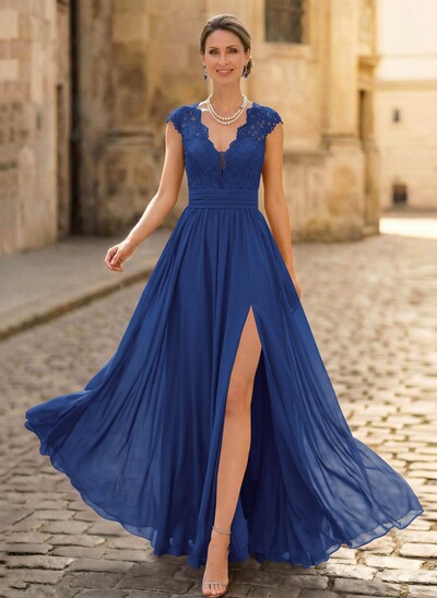 A-Line V-Neck Floor-Length Chiffon/Lace Mother Of The Bride Dresses With Lace/High Split
