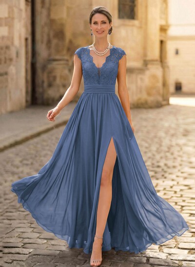 A-Line V-Neck Floor-Length Chiffon/Lace Mother Of The Bride Dresses With Lace/High Split