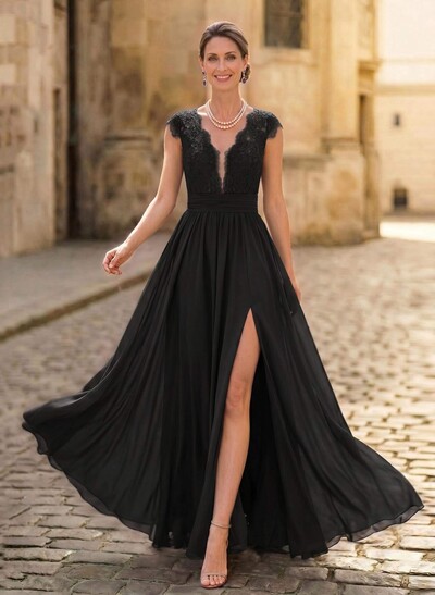 A-Line V-Neck Floor-Length Chiffon/Lace Mother Of The Bride Dresses With Lace/High Split