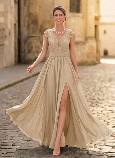 A-Line V-Neck Floor-Length Chiffon/Lace Mother Of The Bride Dresses With Lace/High Split