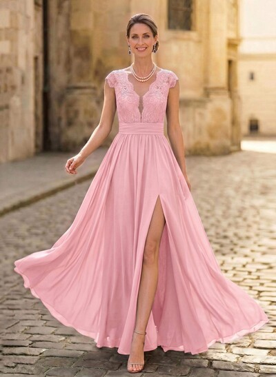 A-Line V-Neck Floor-Length Chiffon/Lace Mother Of The Bride Dresses With Lace/High Split