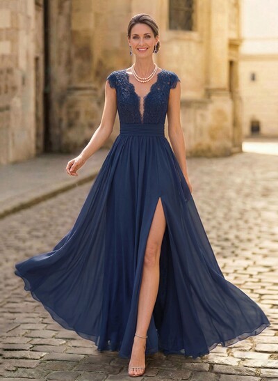 A-Line V-Neck Floor-Length Chiffon/Lace Mother Of The Bride Dresses With Lace/High Split