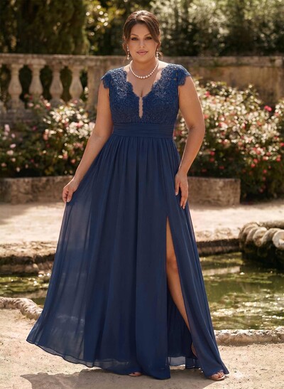 A-Line V-Neck Floor-Length Chiffon/Lace Mother Of The Bride Dresses With Lace/High Split