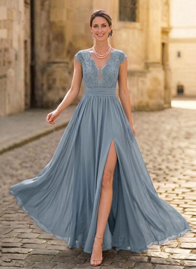 A-Line V-Neck Floor-Length Chiffon/Lace Mother Of The Bride Dresses With Lace/High Split