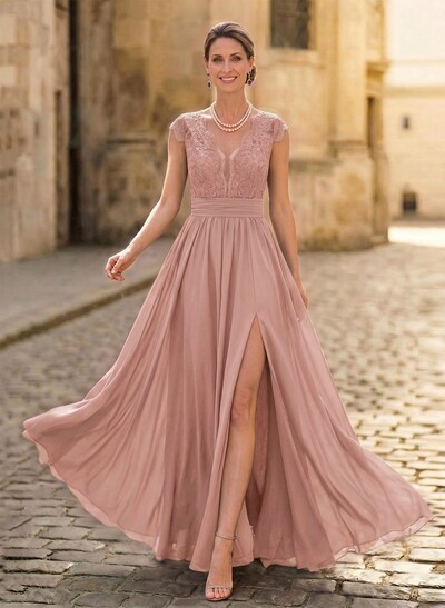 A-Line V-Neck Floor-Length Chiffon/Lace Mother Of The Bride Dresses With Lace/High Split