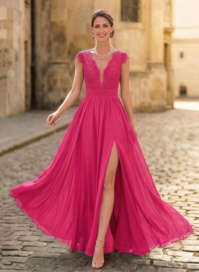A-Line V-Neck Floor-Length Chiffon/Lace Mother Of The Bride Dresses With Lace/High Split
