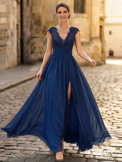 A-Line V-Neck Floor-Length Chiffon/Lace Mother Of The Bride Dresses With Lace/High Split A-Line V-Neck Floor-Length Chiffon/Lace Mother Of The Bride Dresses With Lace/High Split