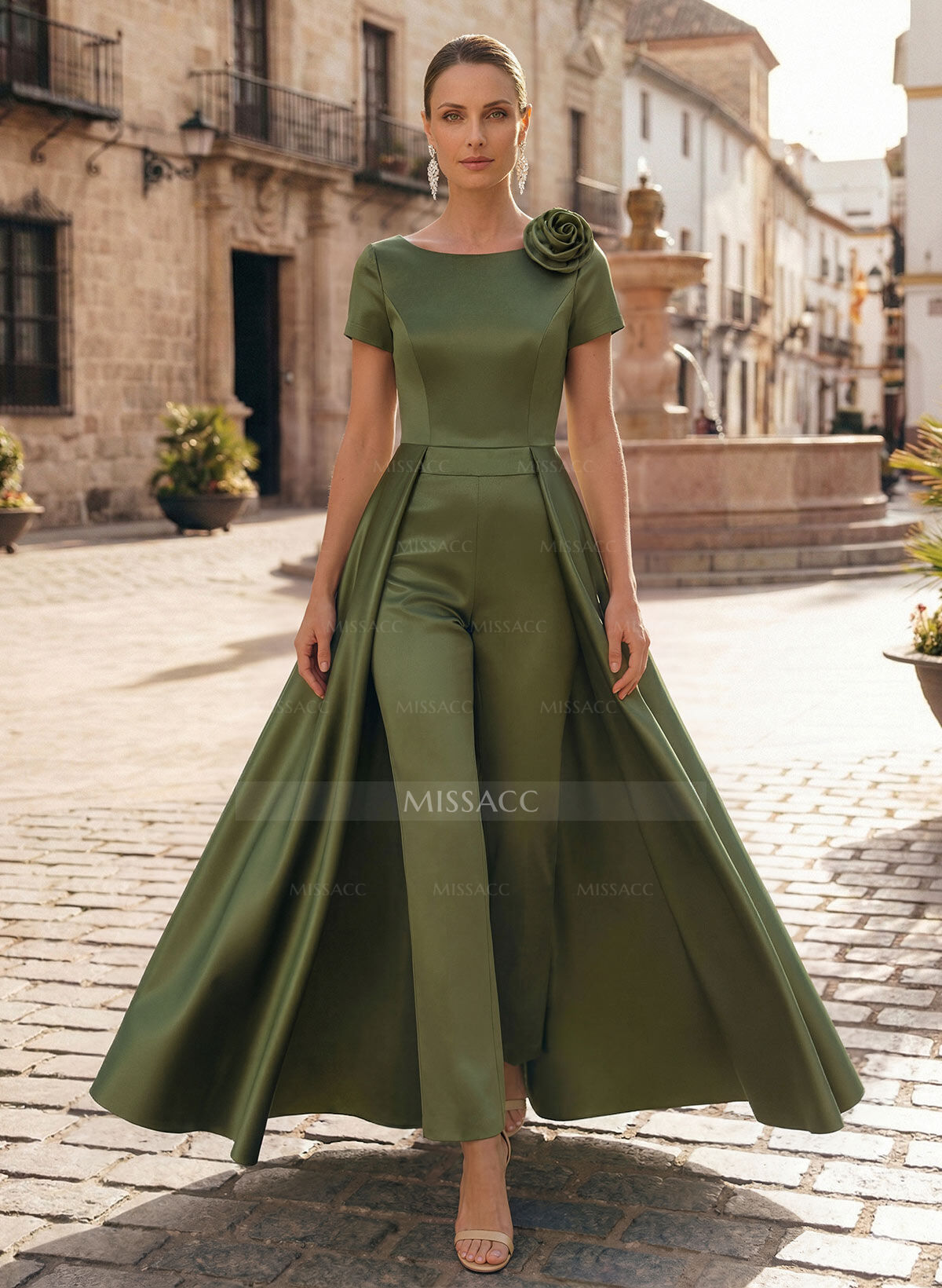 Pantsuit Scoop Neck Short Sleeves Ankle-Length Satin Mother Of The Bride Dresses With Flower(s)/Overskirt Dress