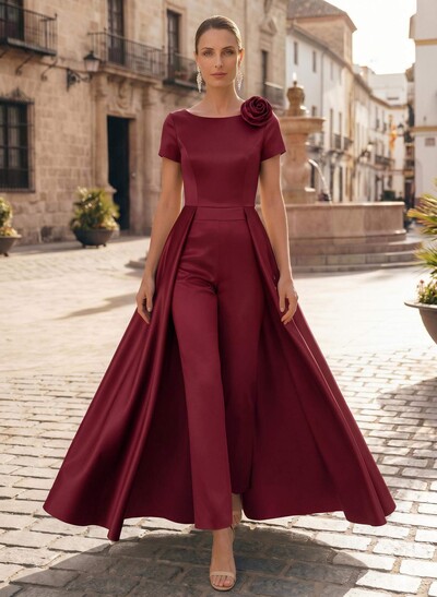 Pantsuit Scoop Neck Short Sleeves Ankle-Length Satin Mother Of The Bride Dresses With Flower(s)/Overskirt Dress