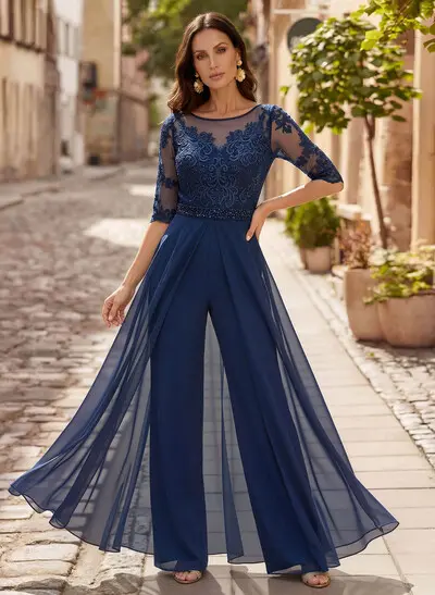 Jumpsuit/Pantsuit Scoop Neck 1/2 Sleeves Floor-Length Chiffon/Lace Mother Of The Bride Dresses With Beading/Lace