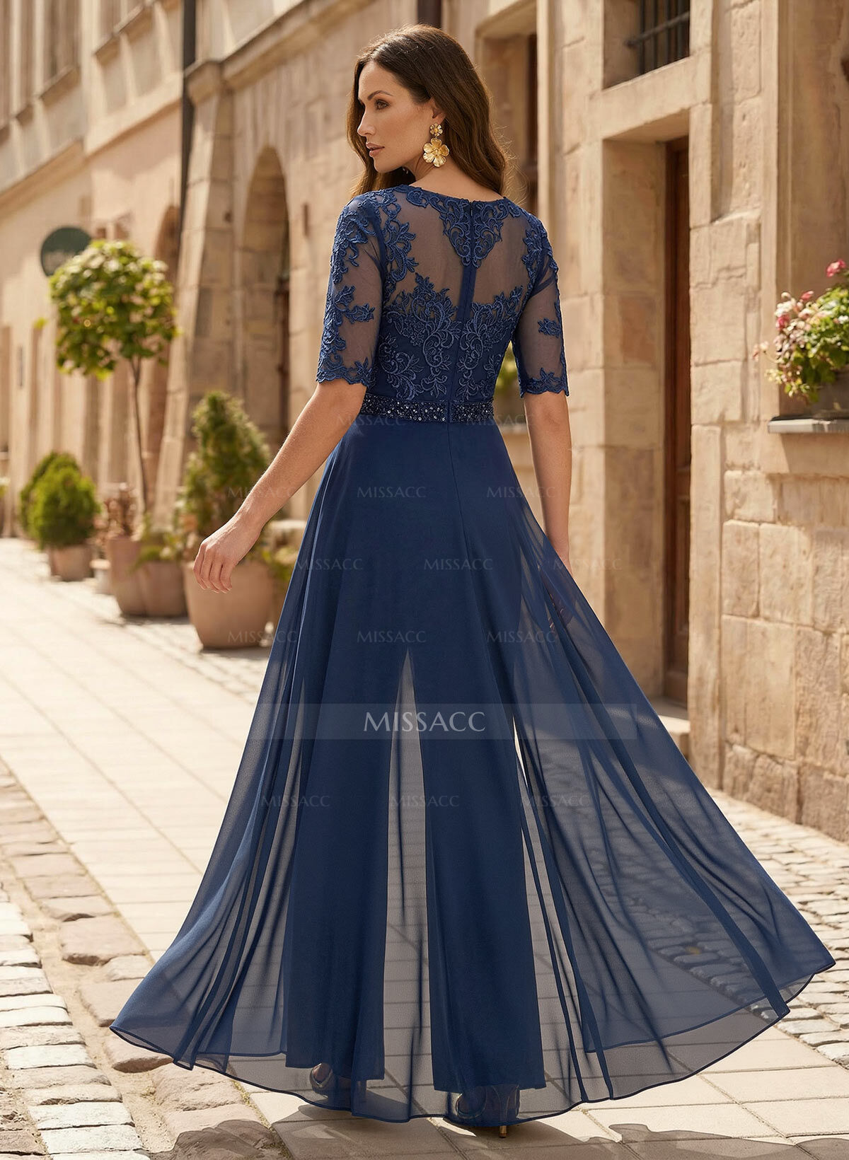 Jumpsuit/Pantsuit Scoop Neck 1/2 Sleeves Floor-Length Chiffon/Lace Mother Of The Bride Dresses With Beading/Lace