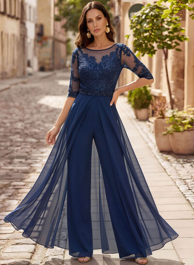 Jumpsuit/Pantsuit Scoop Neck 1/2 Sleeves Floor-Length Chiffon/Lace Mother Of The Bride Dresses With Beading/Lace