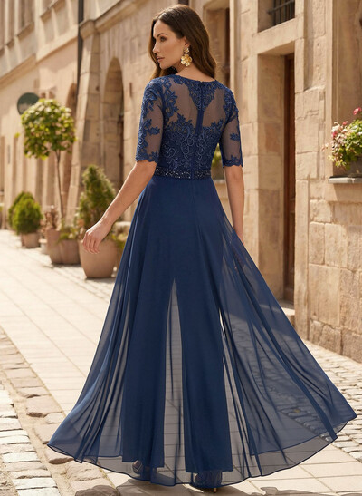 Jumpsuit/Pantsuit Scoop Neck 1/2 Sleeves Floor-Length Chiffon/Lace Mother Of The Bride Dresses With Beading/Lace