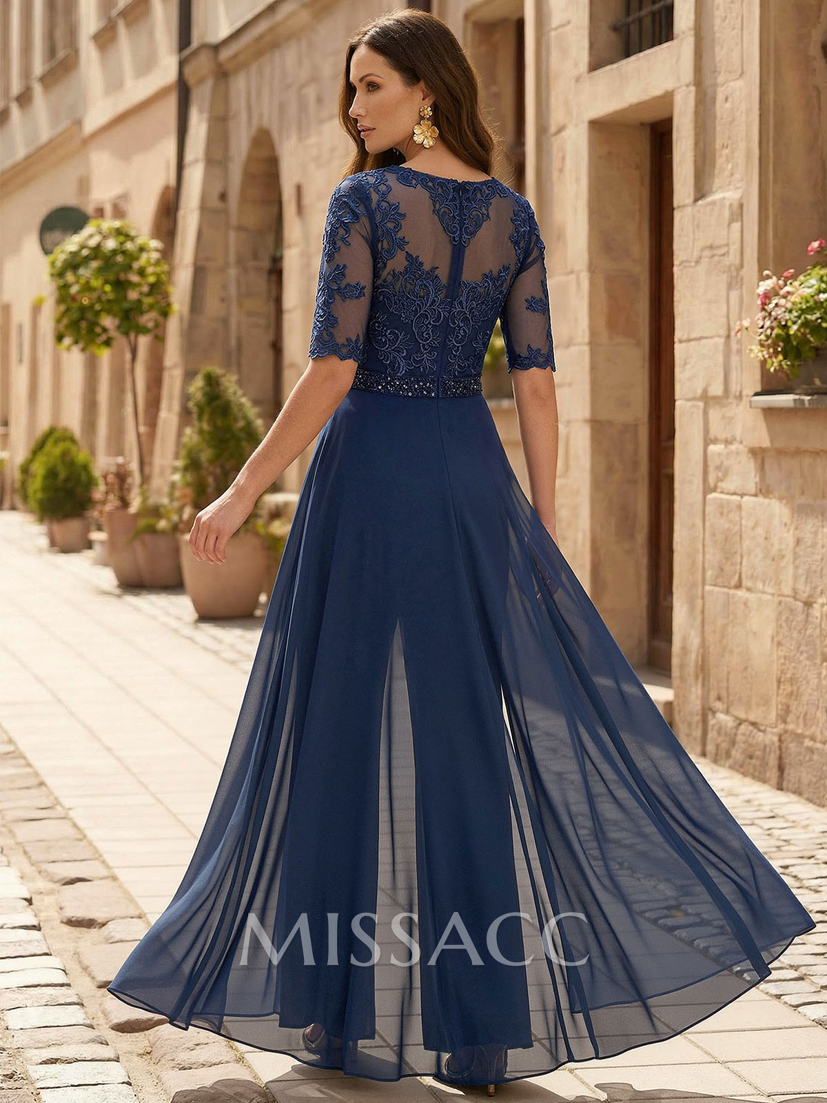 Jumpsuit/Pantsuit Scoop Neck 1/2 Sleeves Floor-Length Chiffon/Lace Mother Of The Bride Dresses With Beading/Lace