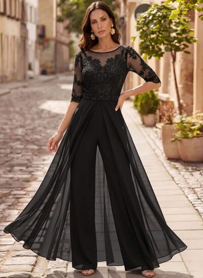 Jumpsuit/Pantsuit Scoop Neck 1/2 Sleeves Floor-Length Chiffon/Lace Mother Of The Bride Dresses With Beading/Lace