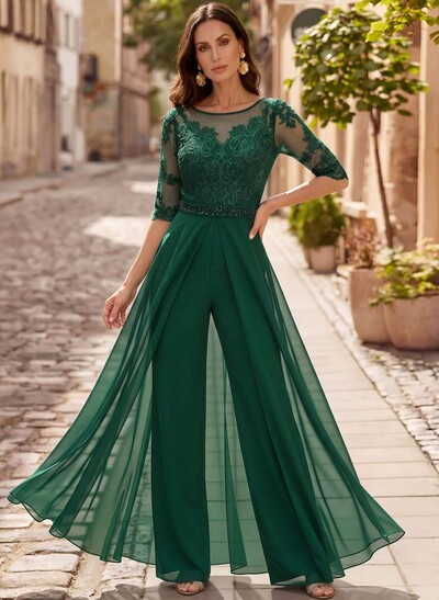 Jumpsuit/Pantsuit Scoop Neck 1/2 Sleeves Floor-Length Chiffon/Lace Mother Of The Bride Dresses With Beading/Lace