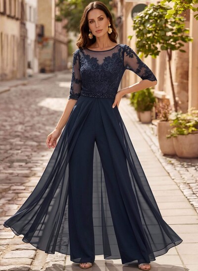Jumpsuit/Pantsuit Scoop Neck 1/2 Sleeves Floor-Length Chiffon/Lace Mother Of The Bride Dresses With Beading/Lace