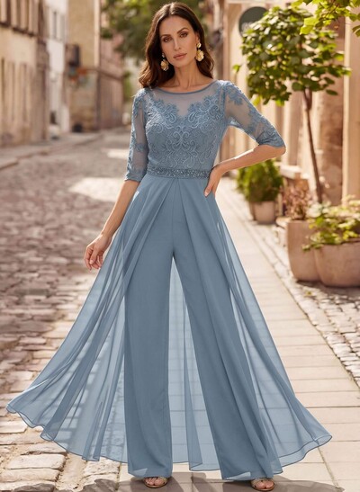 Jumpsuit/Pantsuit Scoop Neck 1/2 Sleeves Floor-Length Chiffon/Lace Mother Of The Bride Dresses With Beading/Lace