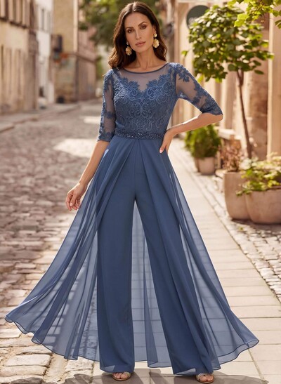 Jumpsuit/Pantsuit Scoop Neck 1/2 Sleeves Floor-Length Chiffon/Lace Mother Of The Bride Dresses With Beading/Lace