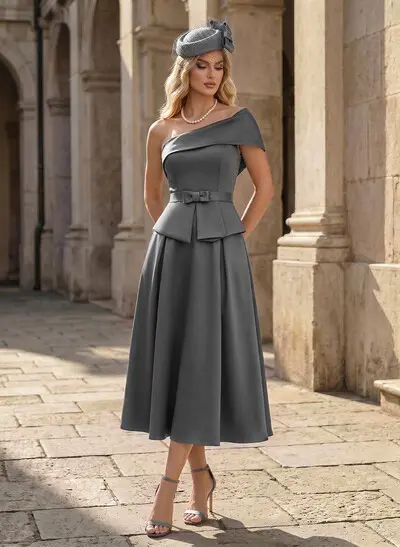 A-Line One-Shoulder Sleeveless Tea-Length Crepe Satin Mother Of The Bride Dresses