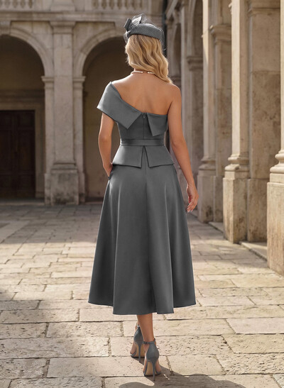 A-Line One-Shoulder Sleeveless Tea-Length Crepe Satin Mother Of The Bride Dresses