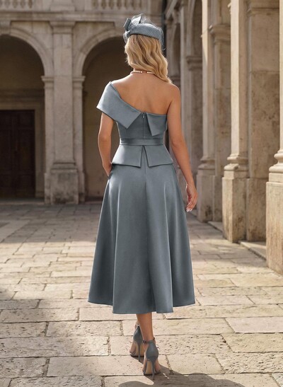 A-Line One-Shoulder Sleeveless Tea-Length Satin Mother Of The Bride Dresses