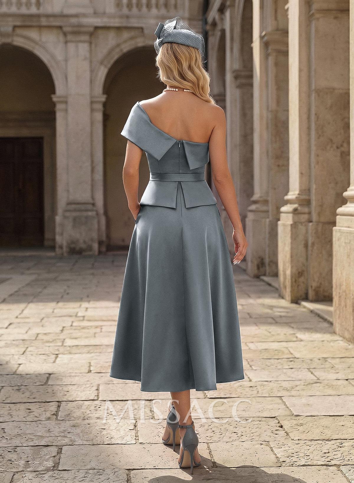 A-Line One-Shoulder Sleeveless Tea-Length Satin Mother Of The Bride Dresses