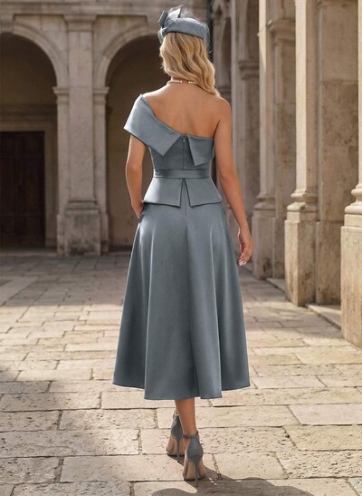 A-Line One-Shoulder Sleeveless Tea-Length Satin Mother Of The Bride Dresses