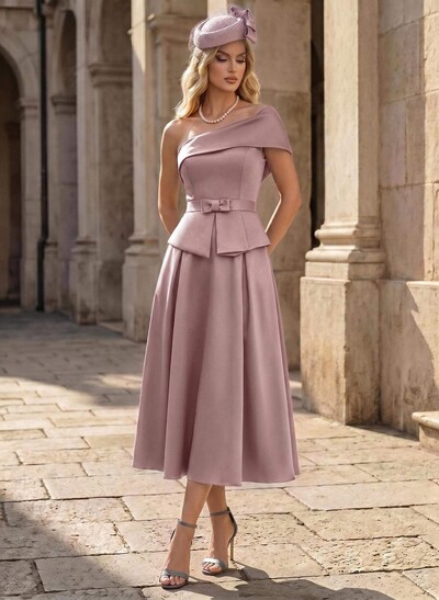 A-Line One-Shoulder Sleeveless Tea-Length Satin Mother Of The Bride Dresses