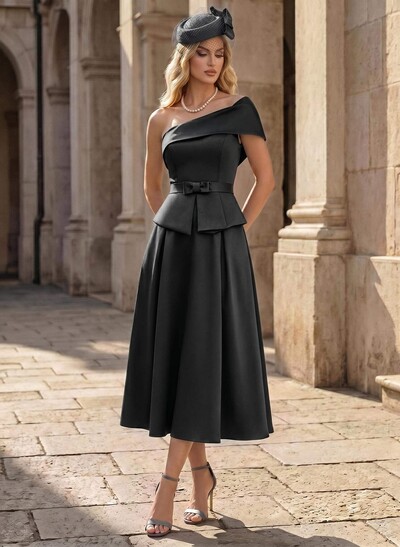 A-Line One-Shoulder Sleeveless Tea-Length Satin Mother Of The Bride Dresses