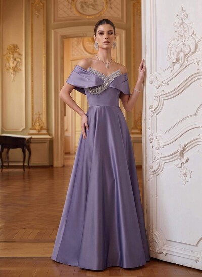 A-Line Off-The-Shoulder Floor-Length Satin Mother Of The Bride Dresses With Rhinestone