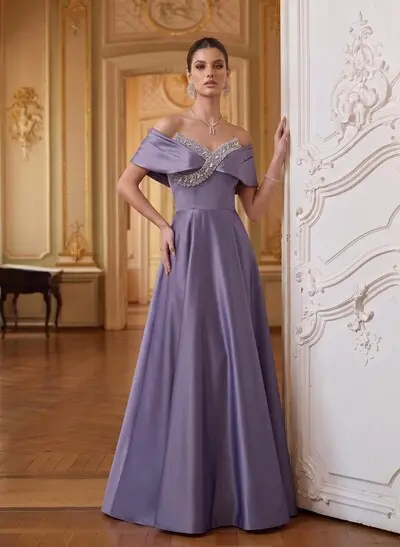 A-Line Off-The-Shoulder Floor-Length Satin Mother Of The Bride Dresses With Rhinestone