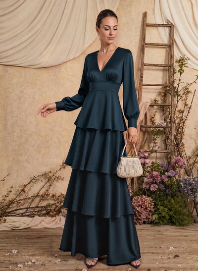 A-Line V-Neck Long Sleeves Floor-Length Crepe Satin Mother Of The Bride Dresses With Tiered