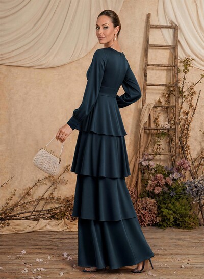 A-Line V-Neck Long Sleeves Floor-Length Crepe Satin Mother Of The Bride Dresses With Tiered