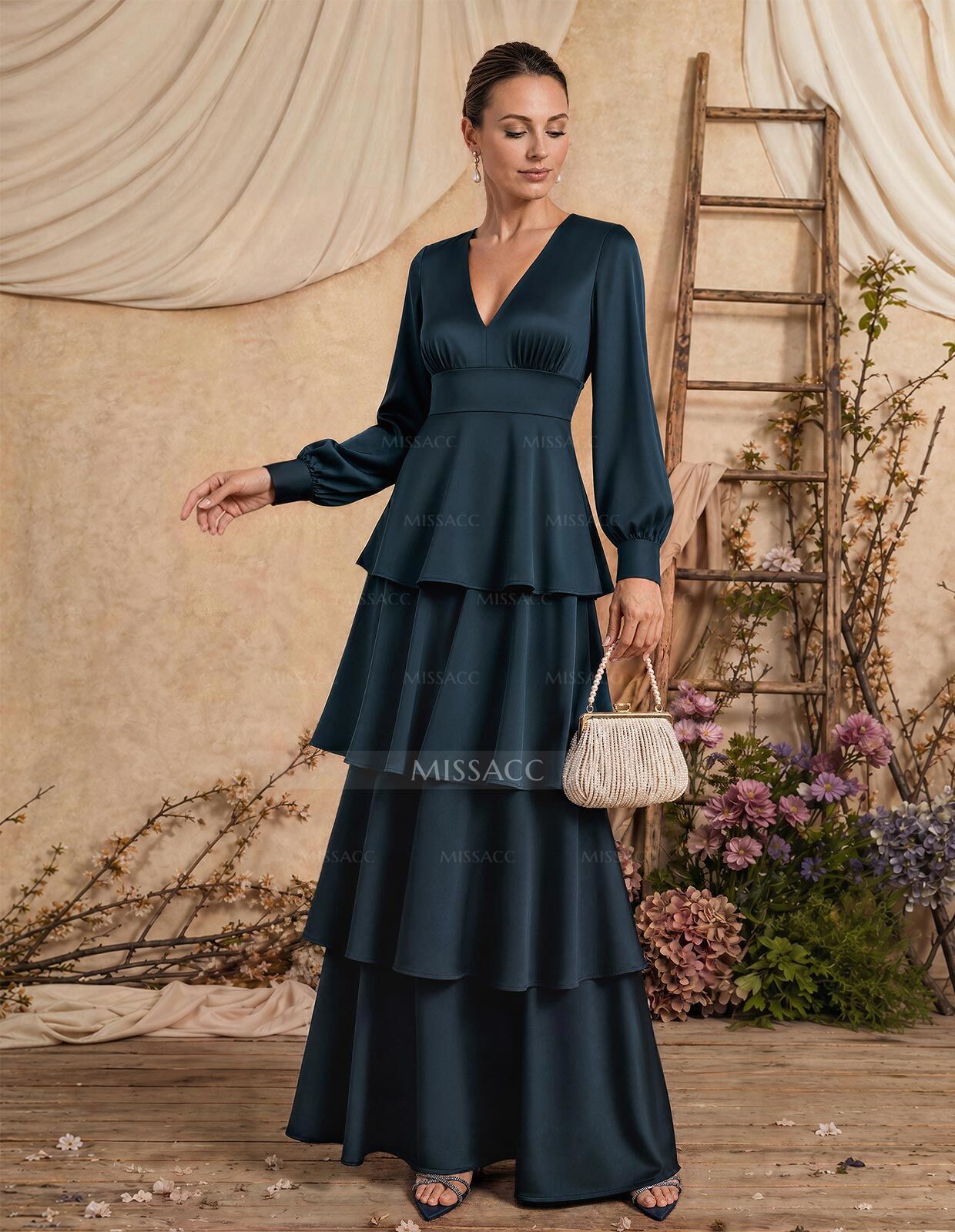 A-Line V-Neck Long Sleeves Floor-Length Crepe Satin Mother Of The Bride Dresses With Tiered