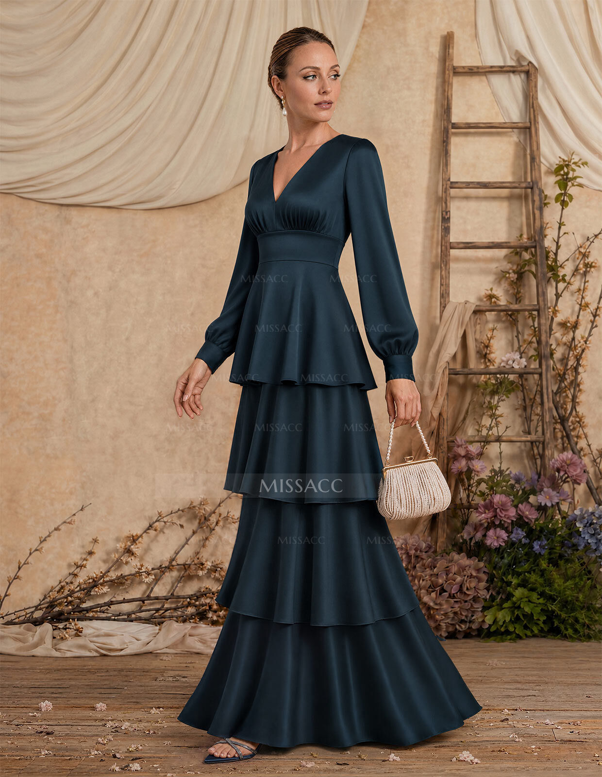 A-Line V-Neck Long Sleeves Floor-Length Crepe Satin Mother Of The Bride Dresses With Tiered