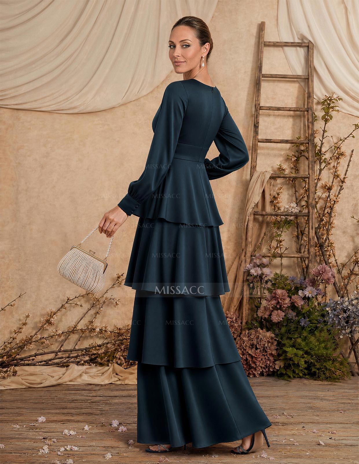 A-Line V-Neck Long Sleeves Floor-Length Crepe Satin Mother Of The Bride Dresses With Tiered