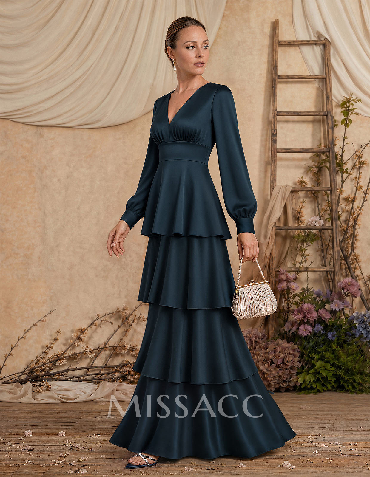 A-Line V-Neck Long Sleeves Floor-Length Crepe Satin Mother Of The Bride Dresses With Tiered