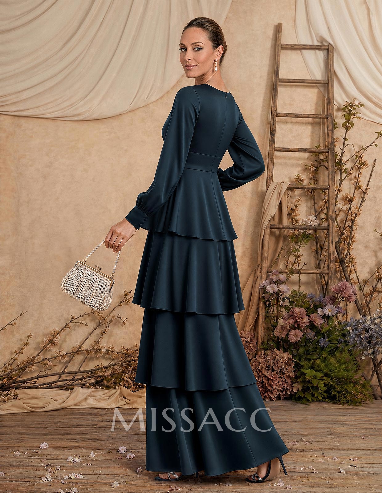 A-Line V-Neck Long Sleeves Floor-Length Crepe Satin Mother Of The Bride Dresses With Tiered