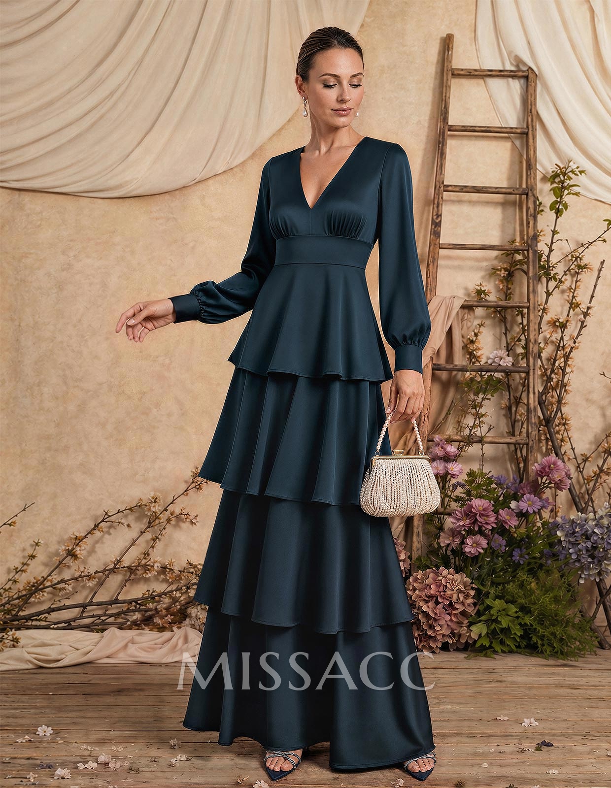 A-Line V-Neck Long Sleeves Floor-Length Crepe Satin Mother Of The Bride Dresses With Tiered