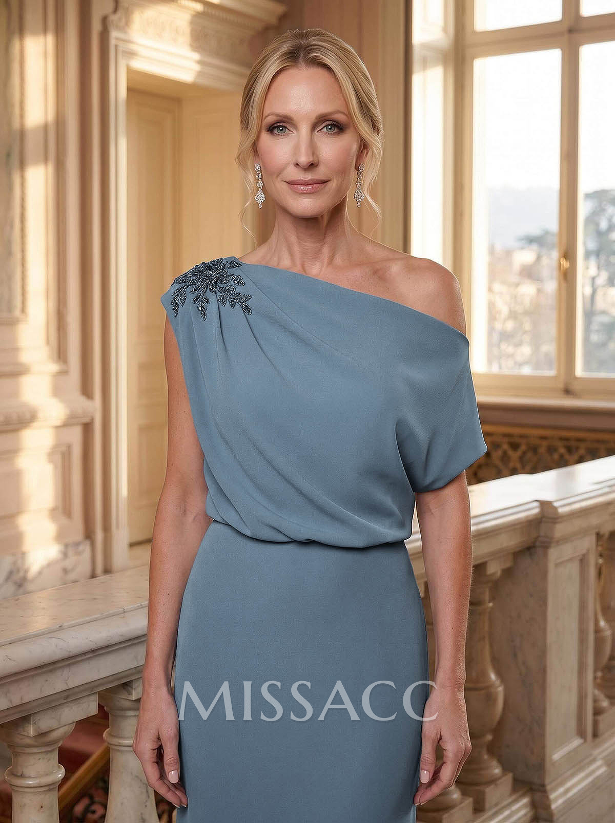 Sheath/Column Asymmetrical Sweep Train Elastic Satin Mother Of The Bride Dresses With Lace